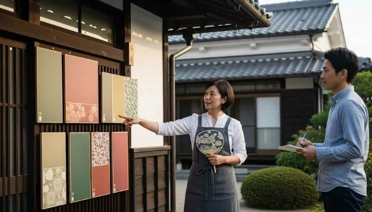 塗装の専門家が、家の外壁に塗料のカラーサンプルを当てながら、施主へ性能の違いを丁寧に説明している様子