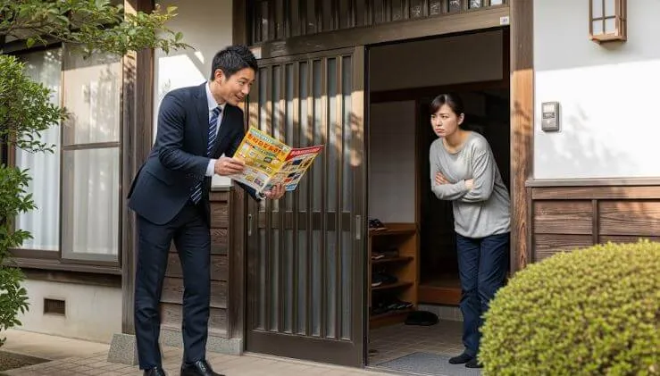 突然訪問してきた強引なセールスマンに対し、玄関先で困惑した表情を浮かべる日本の顧客。