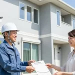 美しく塗装された家の前で、業者から笑顔で保証書を受け取る、安心した表情の日本の顧客