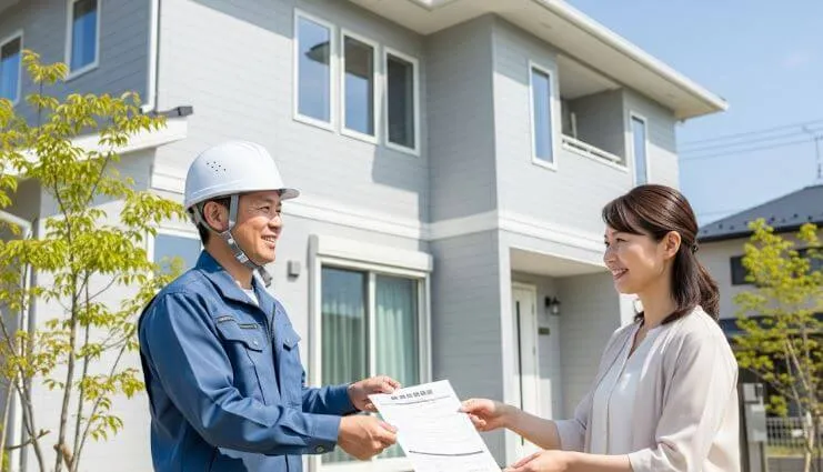 美しく塗装された家の前で、業者から笑顔で保証書を受け取る、安心した表情の日本の顧客