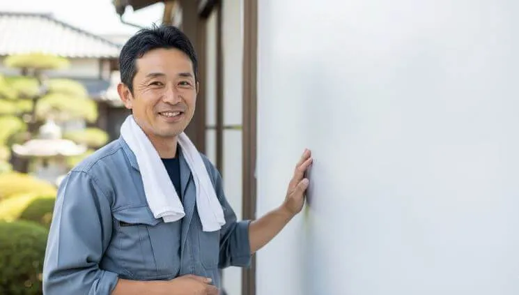 完璧に仕上げられた外壁を背景に、日本の熟練塗装職人が自信に満ちた穏やかな笑みを浮かべている。