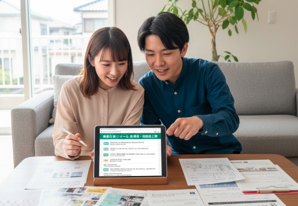 日本人の若い夫婦が、家のリフォームプランについて話しながら、タブレットで助成金情報を見ている画像。テーブルの上には家の間取り図や資料が広げられ、希望に満ちた表情で議論している。