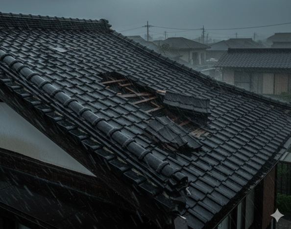 強い風雨にさらされている日本の住宅の屋根をクローズアップした画像。瓦が一部剥がれかけている箇所があり、嵐の厳しさを物語っている。