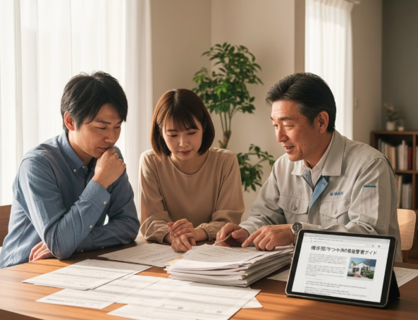 日本人の住宅リフォーム業者が、お客様（日本人）と補助金の申請書類を前にして説明している場面。机の上には書類が広げられ、プロが親身にサポートしている様子が表現されている。