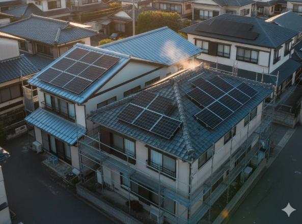 日本の住宅の屋根に設置された太陽光発電パネルを斜め上から捉えた画像。パネルが太陽の光を効率良く集めている様子が描かれており、省エネへの貢献を象徴している。