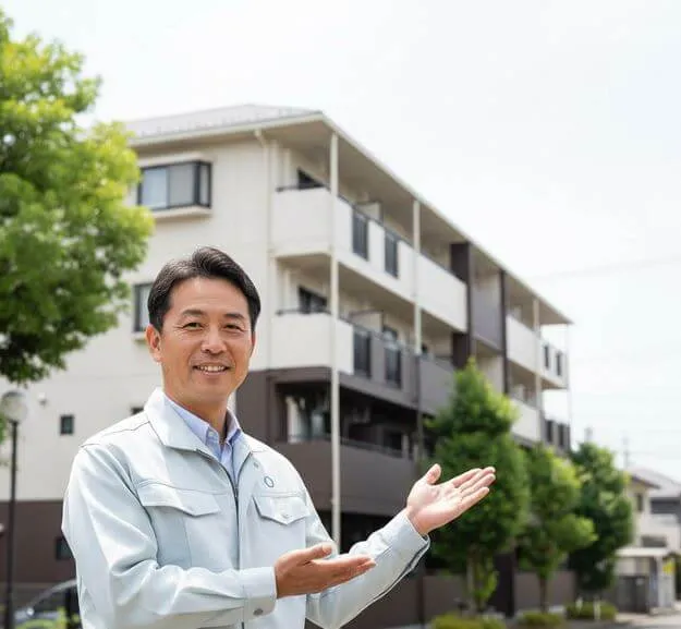 作業着姿の日本人男性がアパートを背景に両手を広げて案内する様子