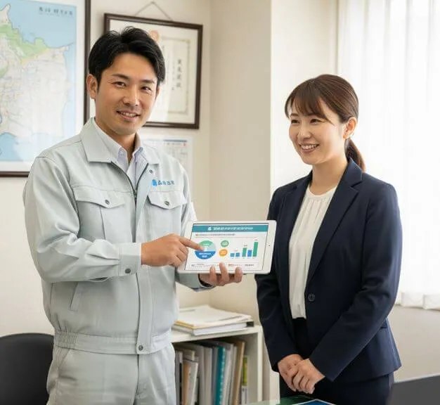 塗装業者がタブレットでグラフを指し示しながら、アパートオーナーの日本人女性に助成金について説明している様子