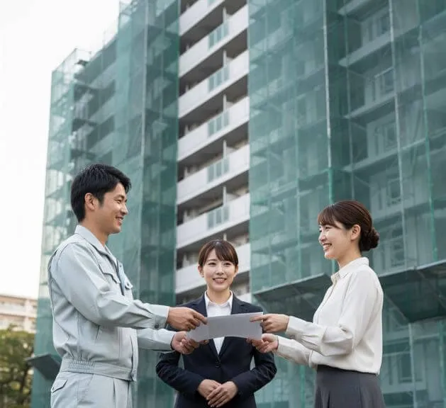 足場と飛散防止ネットで覆われたアパートの前で、塗装業者の男性がアパートオーナーの日本人女性に書類を手渡しており、その横に管理会社の女性が立っている