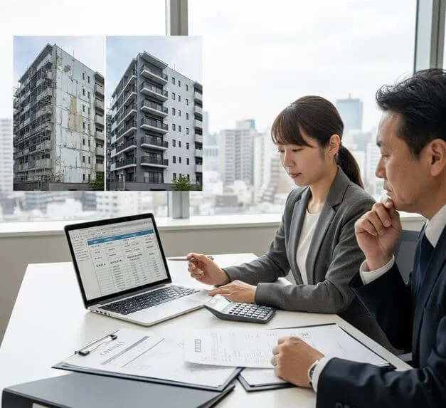 マンションの外壁塗装の費用計上について、修繕費と資本的支出の違いを説明する書類と電卓、そして工事の前後を比較する画像が並んだビジネスデスクの様子