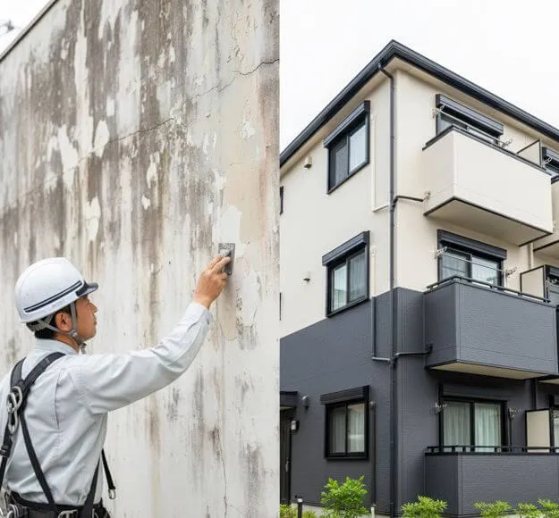 古くなったマンションの外壁を修繕する作業員と、新しく塗装され美しくなったマンションの比較。修繕費と資本的支出の概念を視覚的に表現している