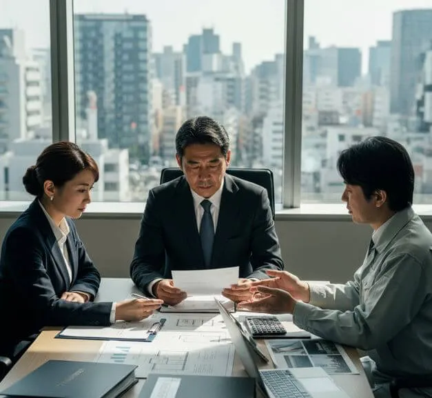 マンションオーナー、税理士、塗装業者がオフィスで外壁塗装の経費計上について話し合っている様子。中央には「TAX COURT PRECEDENT」と書かれたファイルがある