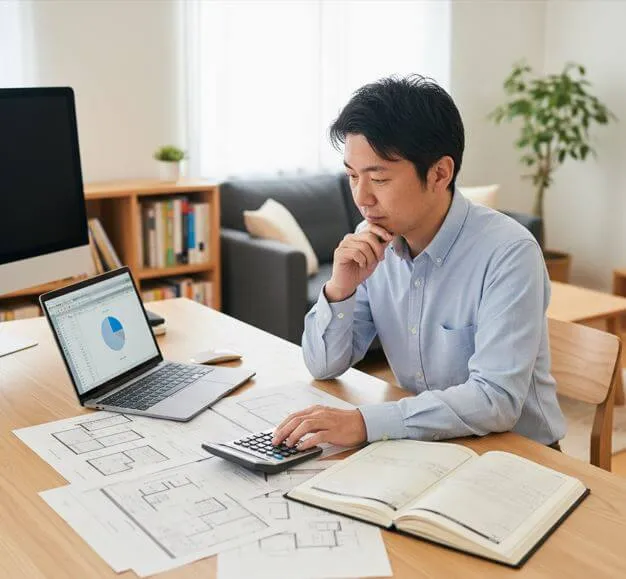 自宅兼事務所で、電卓と書類を使って外壁塗装の経費を計算している個人事業主の日本人男性。