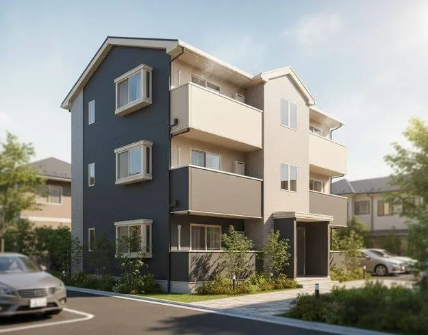 デザイン性の高いツートンカラーに塗装され、美しく機能性が向上したアパートの外観。遮熱・断熱塗料や高耐久塗料の使用をイメージさせる