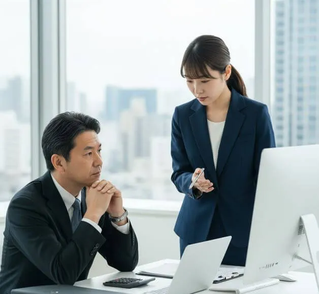 専門家がマンションオーナーに対し、モニターを使って塗料の耐久年数と建物本体の法定耐用年数の違いを説明している