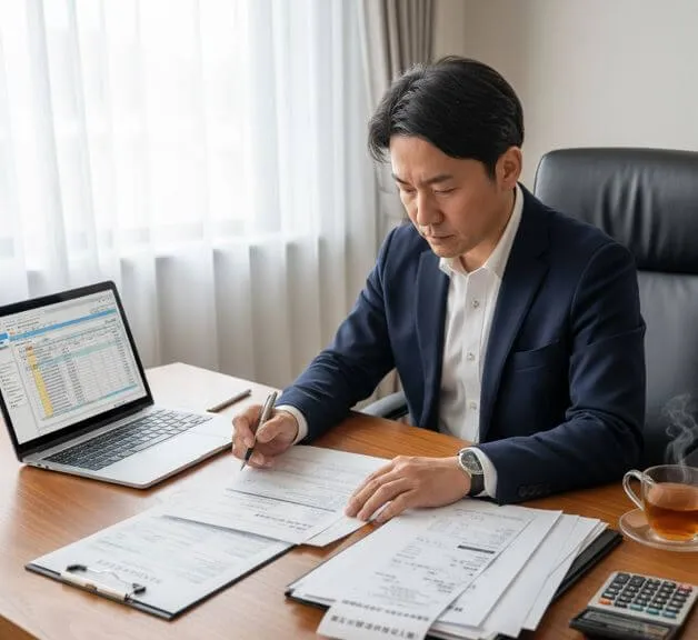 アパートの塗装と確定申告の書類を確認する日本人男性オーナー