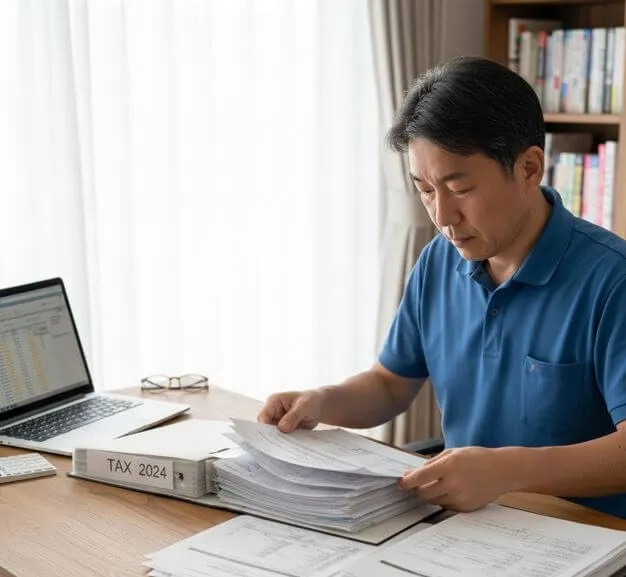 アパート塗装の確定申告に必要な契約書や領収書を準備している様子