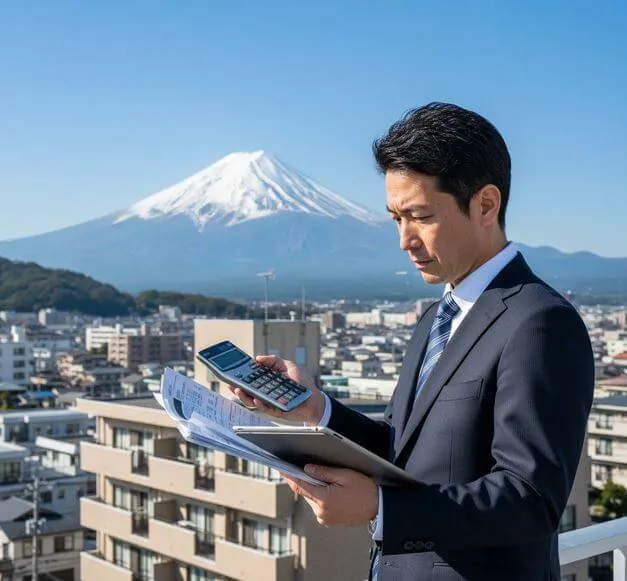 静岡市の収益物件の前で、電卓と書類を見ながら税金対策を検討する日本人オーナー
