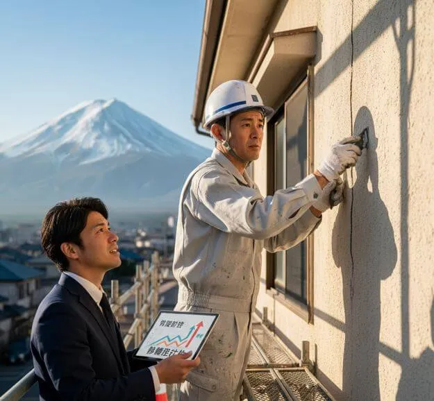 塗装専門家が収益物件の外壁にあるひび割れを丁寧に補修し、所得税対策としての修繕費計上を実証している場面