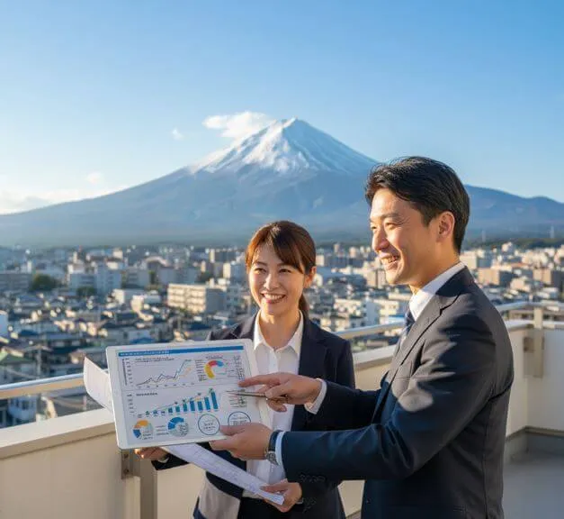 静岡市の塗装専門会社の代表が収益物件のオーナーと笑顔で打ち合わせをしており、信頼関係を象徴している