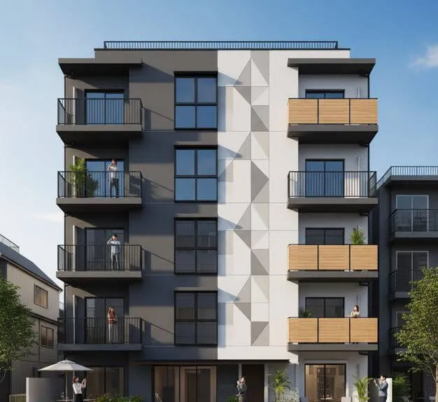 モダンなデザインのマンション外観。黒、グレー、白のモノトーン配色と木目調のアクセントが若者に人気のスタイリッシュな雰囲気を演出している