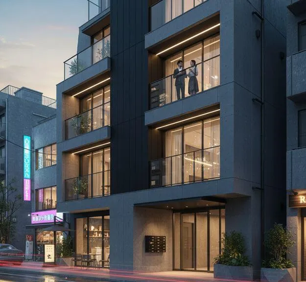 都市部の夜景に映える、スタイリッシュなデザイナーズマンション。外壁はダークグレーで統一され、バルコニーには若者カップルが立っている