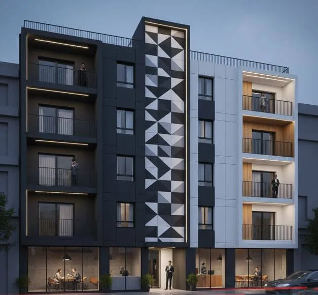 白と黒のモノトーン配色が特徴の現代的なマンション。幾何学模様のアクセントウォールがデザイン性を高めている