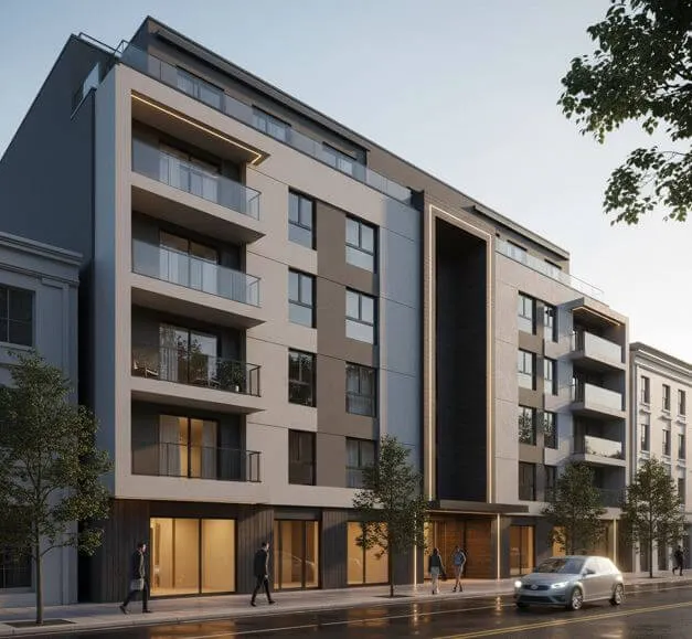 グレー系の外壁塗装が施された、様々なスタイルのマンション外観のコラージュ