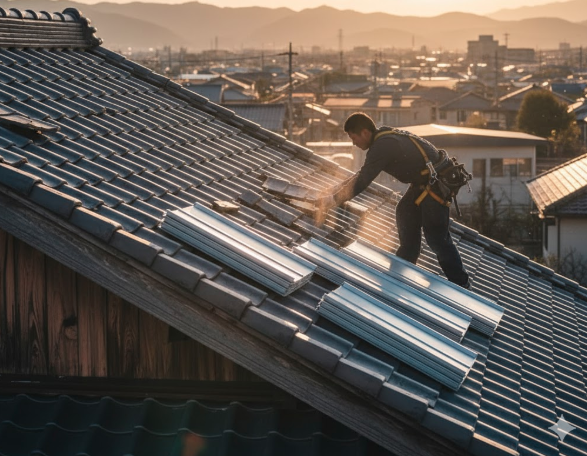 日本家屋の屋根の上で、古い瓦を新しい軽量な屋根材に交換する工事を行っている職人の姿。地震対策として屋根の軽量化が進められている作業風景。