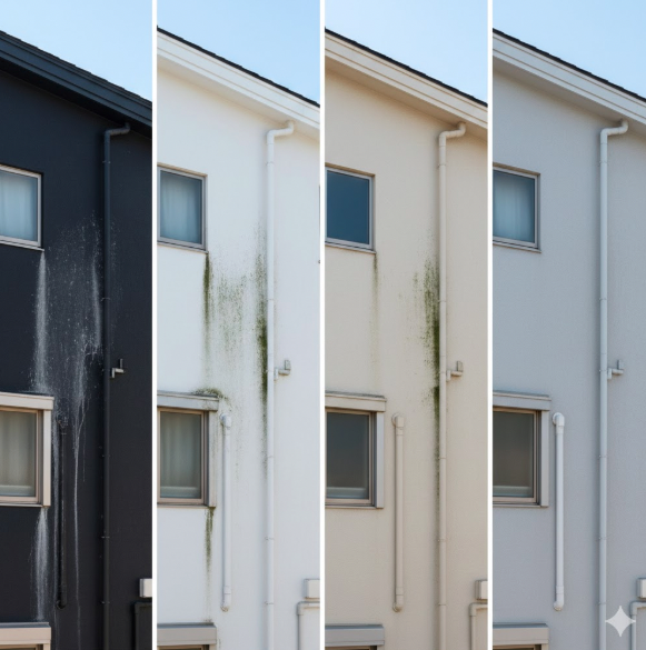 濃い黒色、白色、ベージュ、ライトグレーの4つの外壁色を並べたコラージュ。黒色には雨だれ、白色にはカビが付着している様子で、色の選択が汚れの目立ちやすさに影響することを示す。