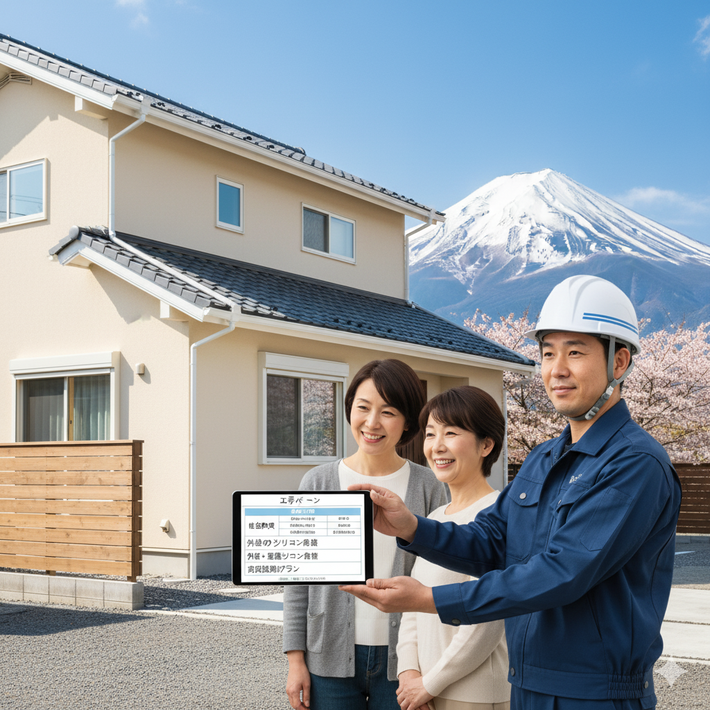 新しく塗装された一軒家の前で、ヘルメットを被った日本人男性の作業員がタブレットを笑顔で提示しており、その隣に2人の日本人女性が笑顔で並んで見ている。遠景には富士山と桜が広がる。