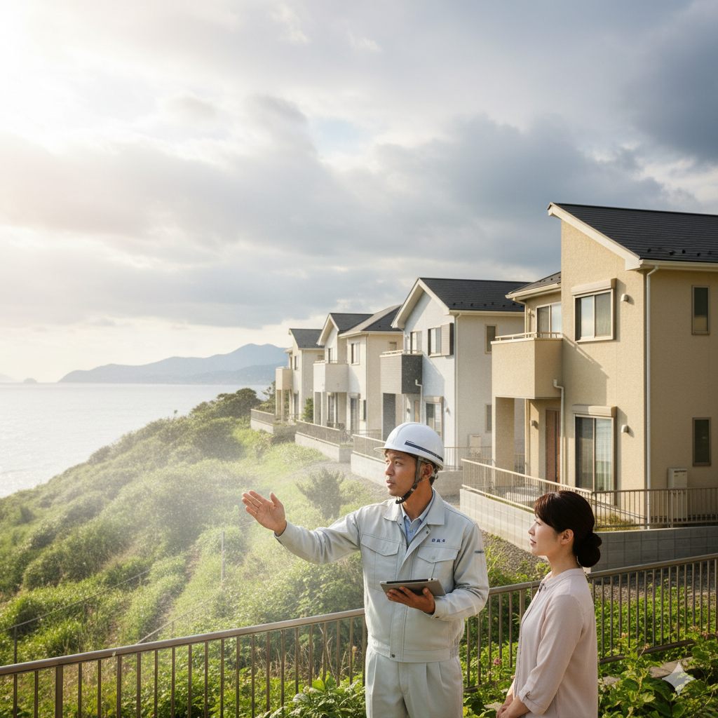 海沿いの住宅街で、ヘルメットを被った日本人男性の作業員がタブレットを持ちながら風景を指差し、隣に立つ日本人女性に説明している。
