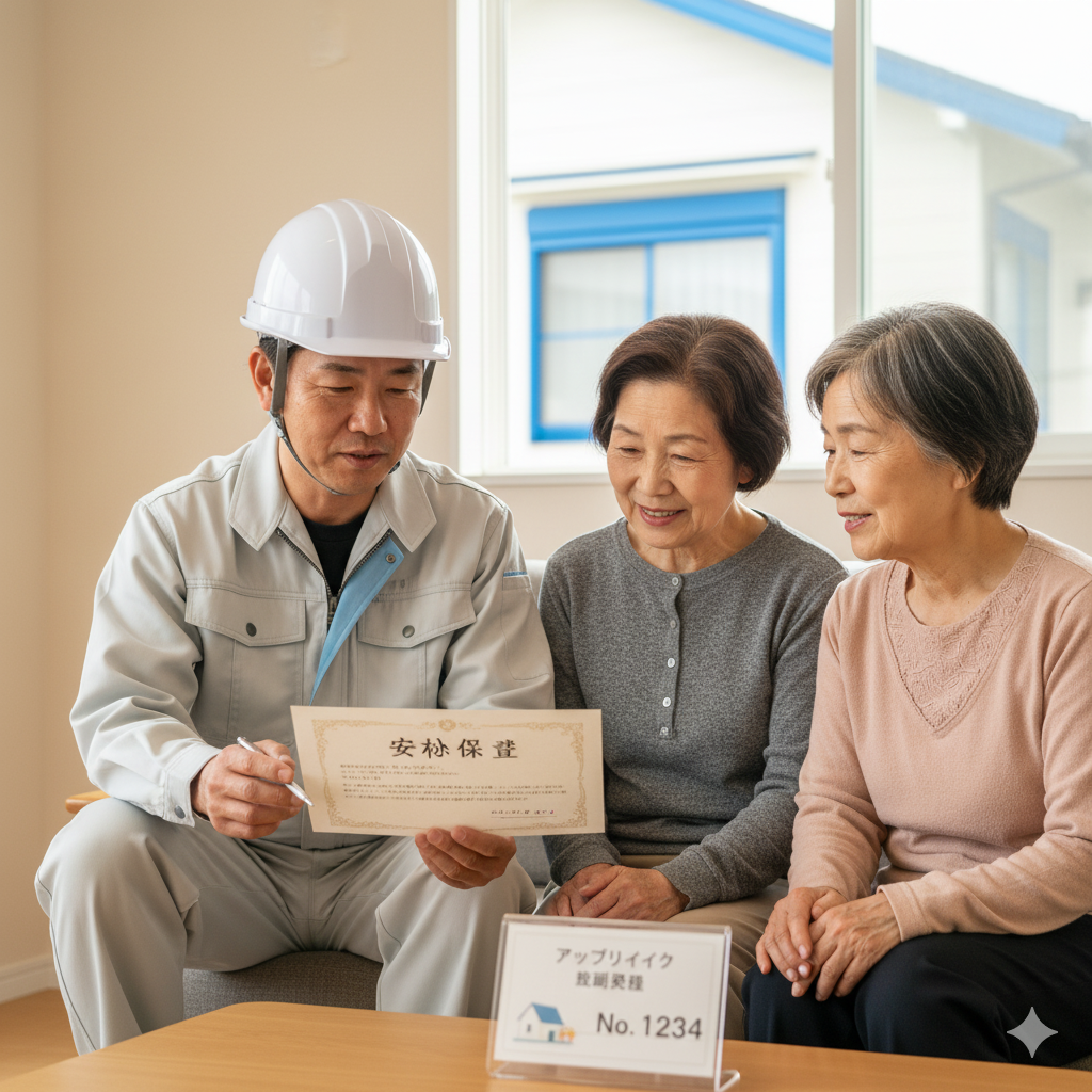 室内で、ヘルメットを被った日本人男性の作業員が保証書を差し出し、2人の高齢の日本人女性に説明している。テーブルには「アップリメイク」と書かれた看板が置かれている。