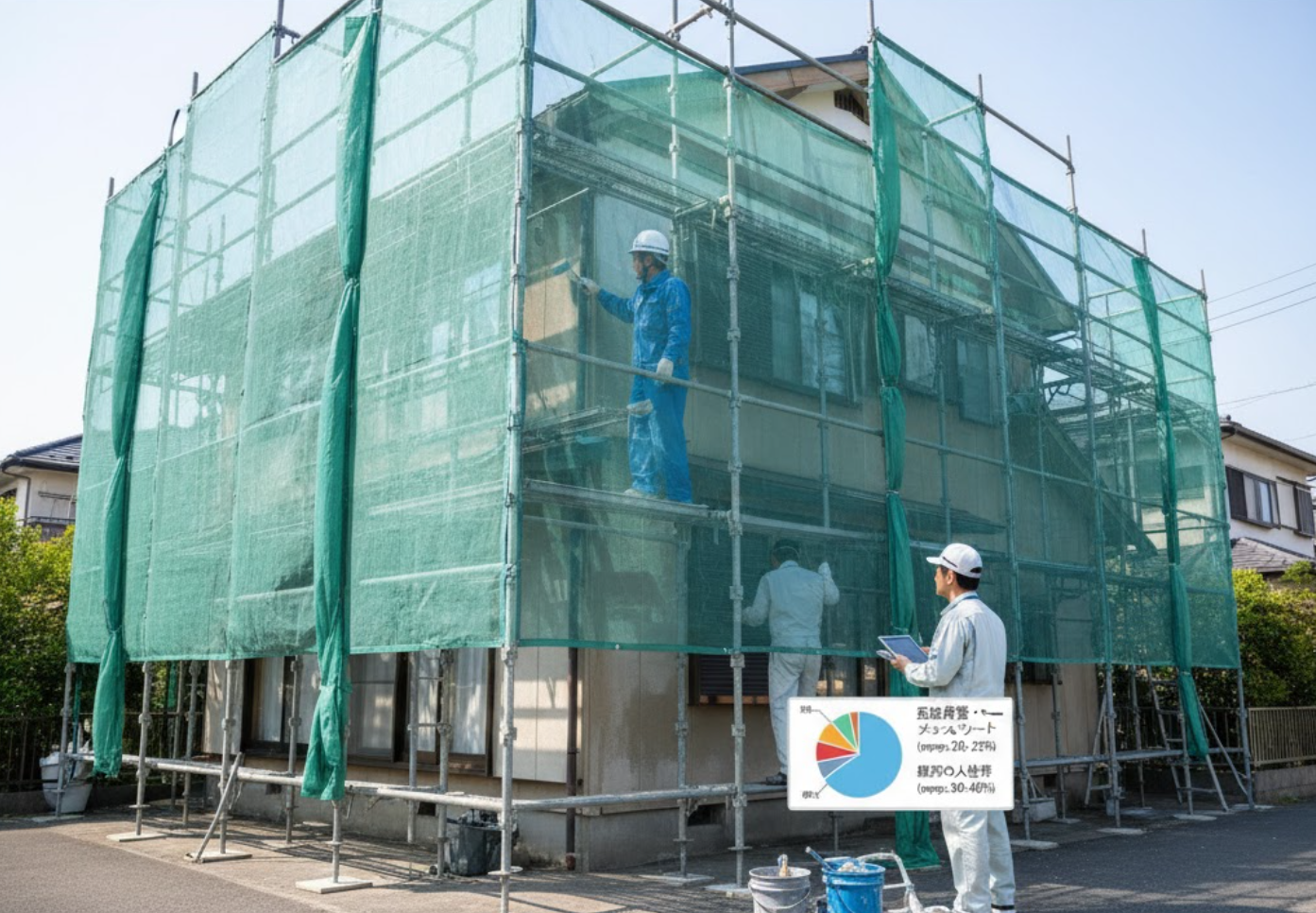 足場と飛散防止ネットで覆われた家屋で、日本人作業員たちが外壁塗装作業をしている。手前の作業員はタブレットを持ち、画面には費用内訳の円グラフが表示されている。