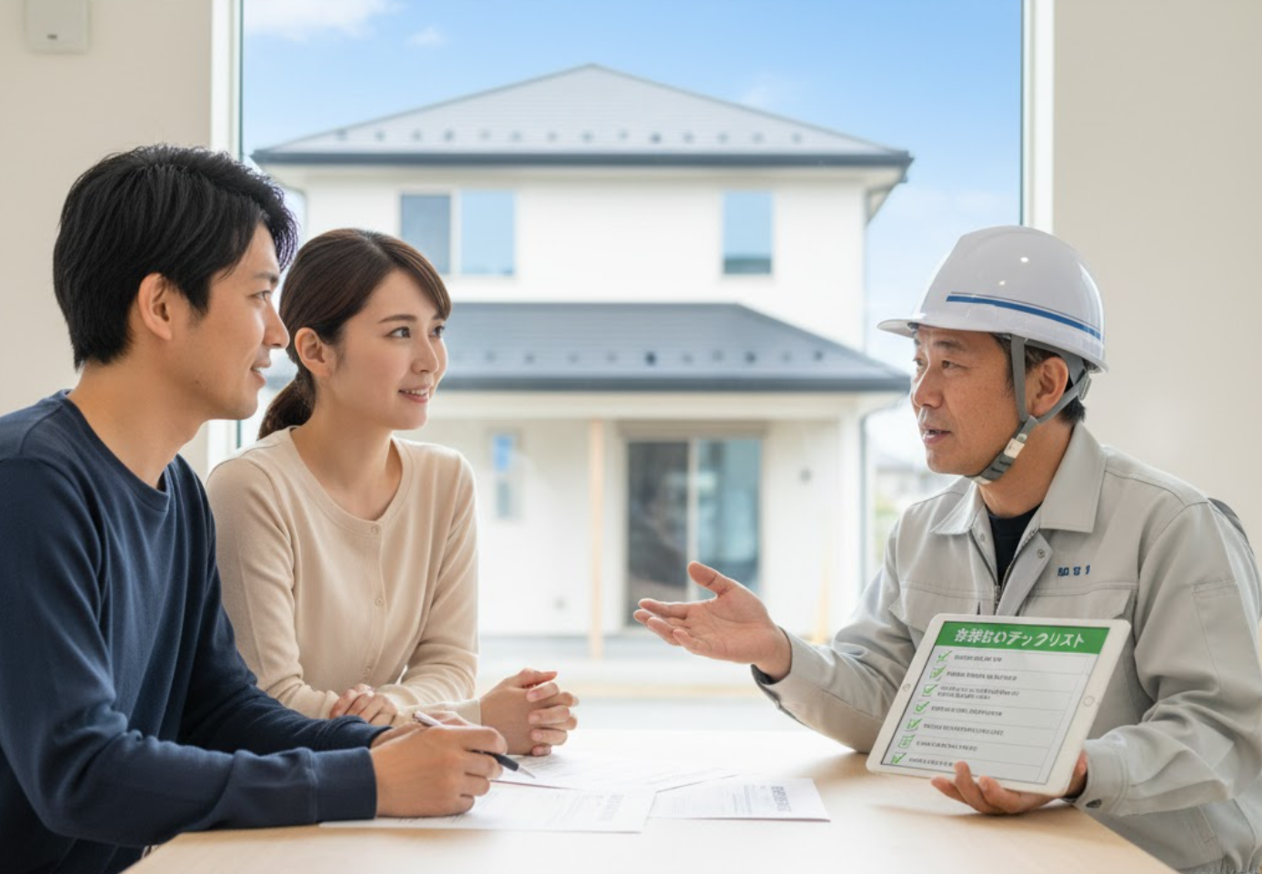 窓から新築の家が見える部屋で、日本人男性の作業員がタブレットのチェックリストを指しながら、笑顔で話を聞いている若い日本人夫婦に説明している。