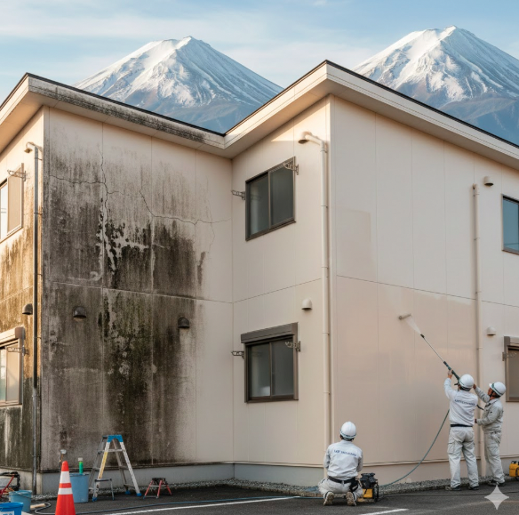富士山を背景に、汚れた賃貸物件の外壁を高圧洗浄し、塗装する作業員たち。建物の美観回復と資産価値向上を象徴する。