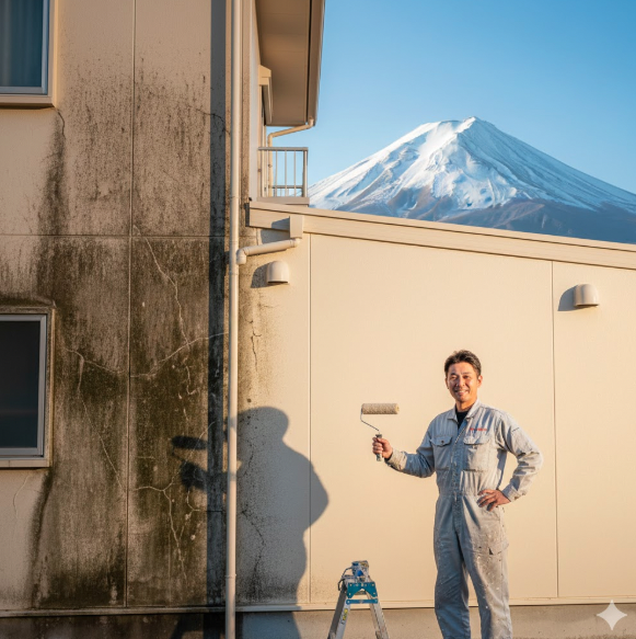 汚れた外壁と塗り替えられた外壁を背景に、笑顔でローラーを持つ日本人職人。富士山を望む。