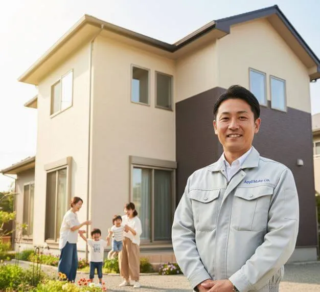 塗装専門会社の代表者が、自身の会社のロゴ入り作業着を着て、穏やかな表情でカメラを見つめている。彼の後ろには、美しく塗装された戸建て住宅と、庭で楽しそうに遊ぶ家族の姿が見える