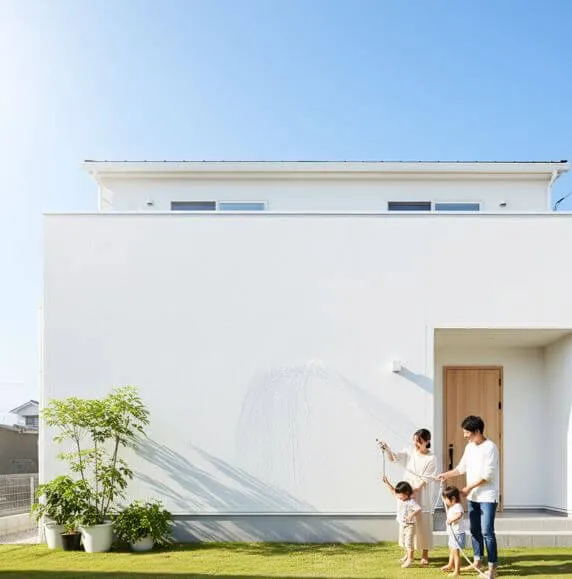 真っ白な外壁のモダンな戸建て住宅の前で、ホースを使って壁のセルフクリーニングをする家族。父親と母親が子供たちと一緒に水をかけている様子が描かれ、清潔さを保つことの重要性を示唆している