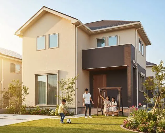 明るいベージュの外壁を持つ戸建て住宅の庭で、家族が穏やかに過ごしている様子。子供がサッカーボールで遊ぶ傍らで、両親が庭のブランコに座って見守っており、家庭の安定と調和を象徴している。