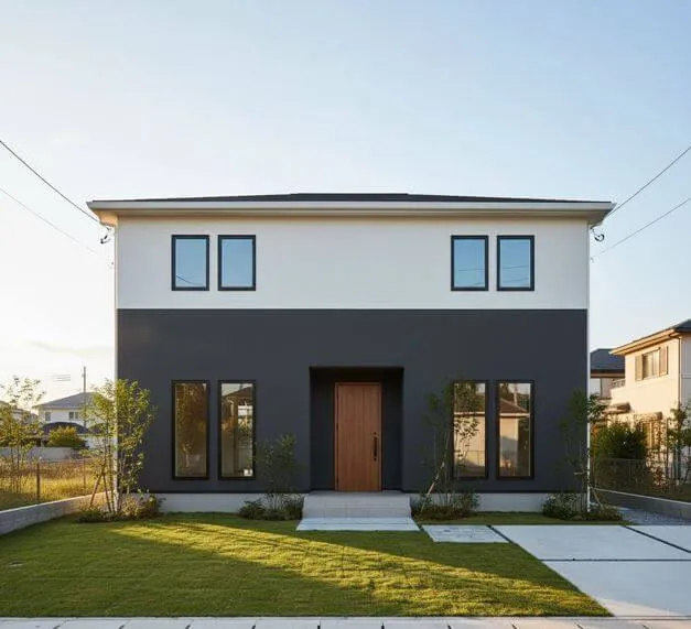 白とダークグレーのツートンカラーに塗り分けられたモダンな戸建て住宅。下部に濃い色が配置され、上部が明るい色になっていることで、風水の「天円地方」の法則に基づいた安定感とデザイン性の両立が表現されている