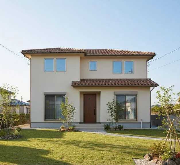 穏やかなベージュの外壁とオレンジがかった瓦屋根が特徴の、広々とした庭のある一戸建て住宅。玄関へと続く飛び石のアプローチが印象的で、シンプルながらも温かみのある外観が、幸運を呼ぶ家のイメージを醸し出している