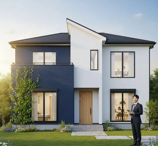 ネイビーと白のモダンなツートンカラーの戸建て住宅を背景に、スーツ姿の男性がタブレットを手に立っている。住宅の窓からは、屋内で仕事や勉強に集中している家族の姿が伺え、仕事運と発展運を象徴している