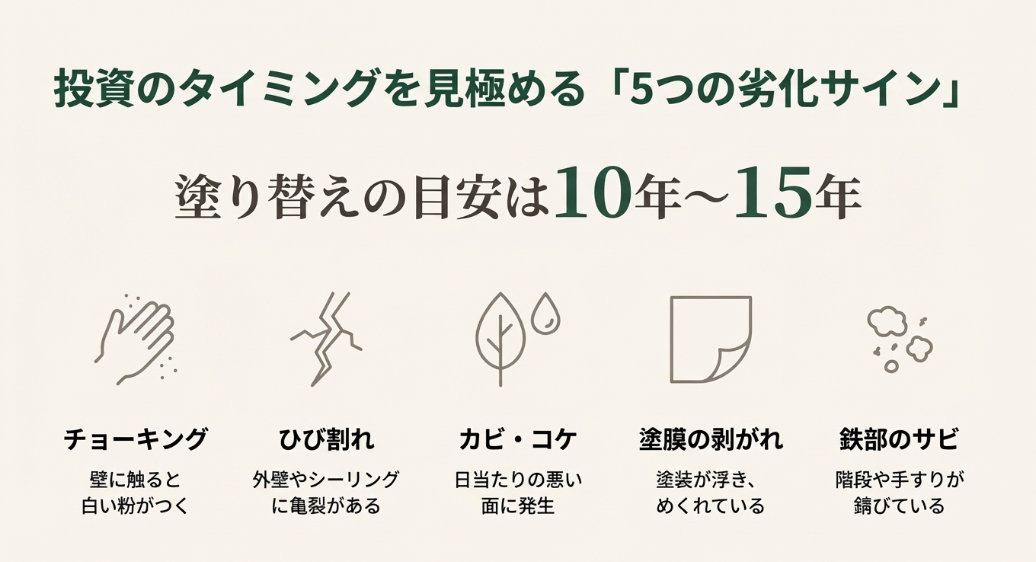 チョーキング、ひび割れ、カビ・コケ、塗膜剥がれ、鉄部のサビなど、塗装メンテナンスが必要な劣化症状。