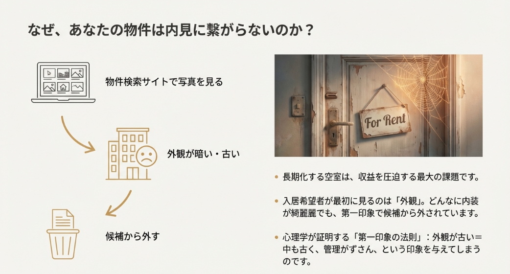 メンテナンスされていない古いアパートの入り口。外観が暗いと内見につながらず空室が埋まらない原因となるイメージ。