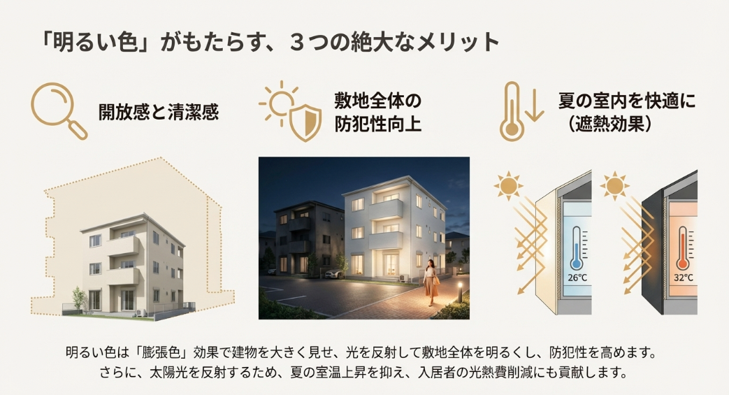 外壁を明るい色にすることで得られるメリット。建物を大きく見せる膨張効果、防犯性向上、夏の室温上昇を抑える遮熱効果の解説図。