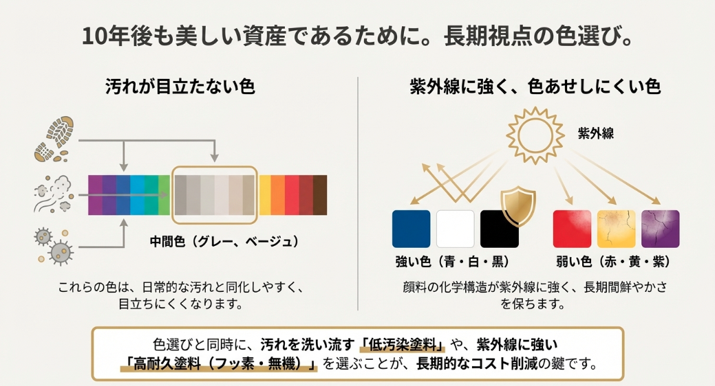 汚れが目立ちにくい色の仕組み。砂埃や排気ガスの色に近いグレーやベージュの中間色は、汚れと同化して美観を保ちやすい。