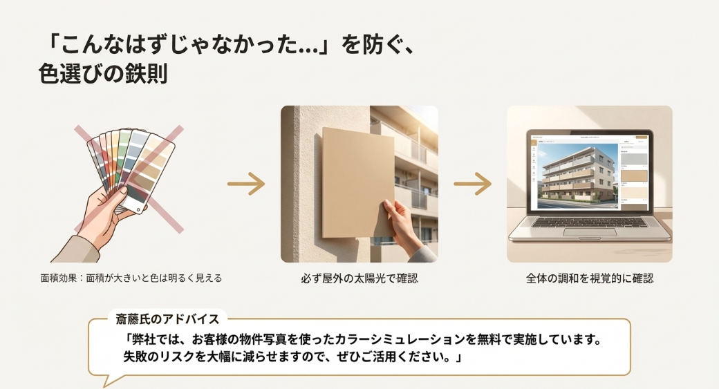 色選びの鉄則。小さな色見本だけで決めず、面積効果や太陽光の下での見え方を考慮し、カラーシミュレーションを活用する。