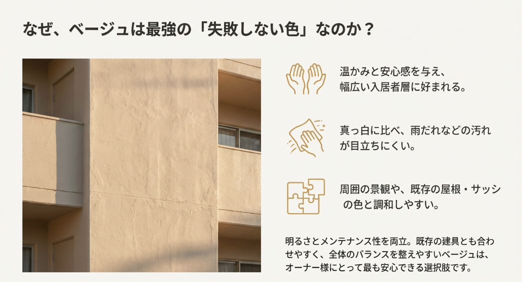 アパート外壁で最も人気のあるベージュ色の壁面。汚れが目立ちにくく、温かみと安心感を与える失敗しない色。