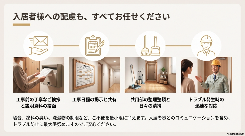 工事中の入居者対応イメージ。丁寧な挨拶、工事日程の共有、清掃の徹底など、トラブルを未然に防ぐ配慮。