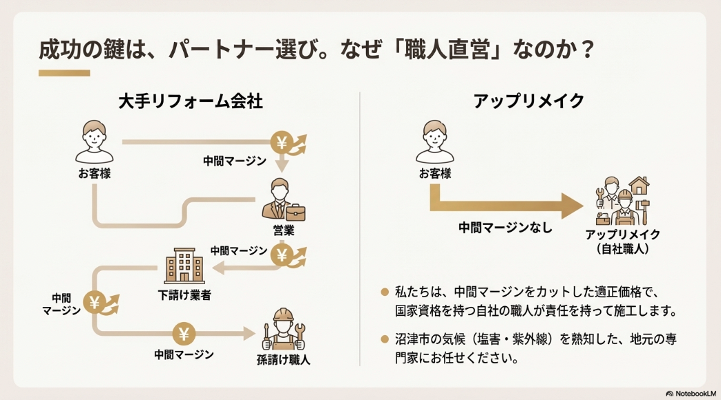 大手リフォーム会社と職人直営店(アップリメイク)の費用構造の比較。中間マージンをカットし適正価格で高品質な施工を実現。